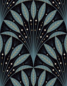 an art deco wallpaper design with blue and gold leaves on black background, designed in the style of art deco