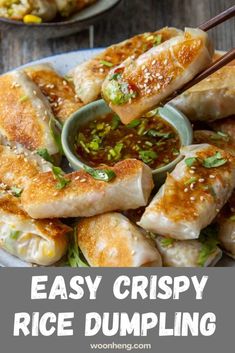 an easy crispy rice dumpling recipe with chopsticks and dipping sauce on the side