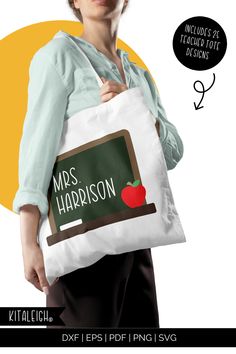 a woman holding a bag with an apple on it and the words mrs harrison written in black