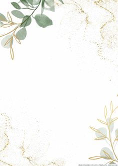 a white and gold background with green leaves