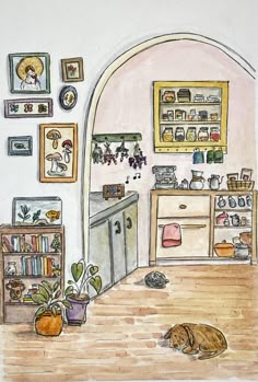 a drawing of a cat laying on the floor next to a bookshelf and cabinets