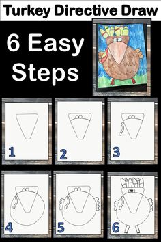 the instructions for how to draw a turkey in six easy steps with pictures on it