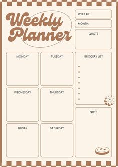 a printable weekly planner is shown in brown and white checkered paper with the words,