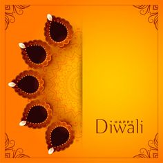 happy diwali greeting card with decorated radishes on an orange background