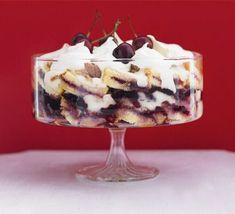 a dessert with cherries and whipped cream in a glass dish on a red background