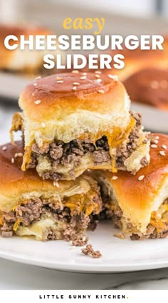 three cheeseburger sliders stacked on top of each other with text overlay