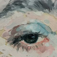 an eye is shown in the middle of a painting with white and blue paint on it