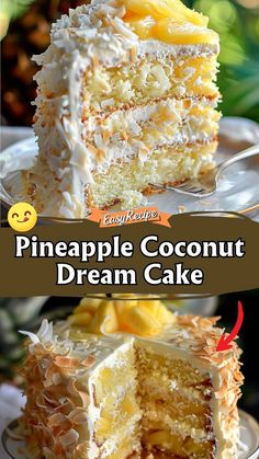 two pieces of pineapple coconut dream cake on a plate