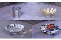 four different pictures of hotdogs cooking on the grill in front of a trash can