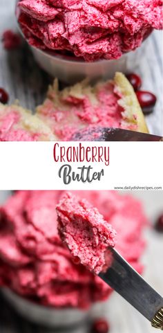 cranberry butter in a bowl with a knife sticking out of it and another photo showing