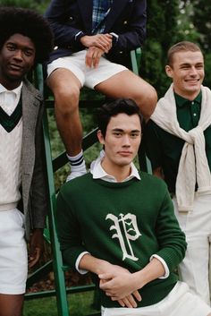 Designed in fresh colorways of forest green and cream, our newest knitwear styles are rooted in the athletic heritage of Polo Ralph Lauren.

Styled here, the Cotton Letterman Sweater updates our boatneck silhouette and is paired with our 5-Inch Stretch Classic Fit Chino Short for a vintage collegiate look. Winter Fit Ideas, Prep School Aesthetic, Ralph Lauren Photoshoot, Golf Logo Design, Letterman Sweaters, Racquet Club, Smart Casual Menswear