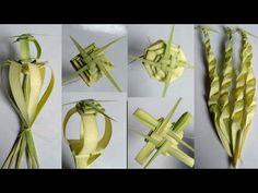 the process of making an origami flower with green stems and ribbons on it