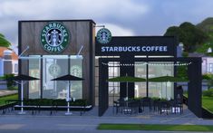 an animated starbucks coffee shop on the side of a street with tables and chairs outside