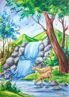 a drawing of two deer in front of a waterfall with rocks and trees around it