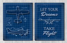 two blueprinted posters with an airplane and the words let your dreams take flight