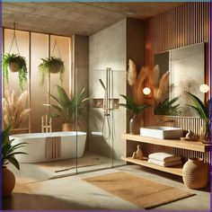 a bath room with a tub a sink and plants