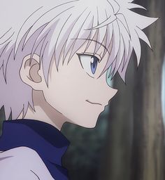 an anime character with white hair and blue eyes looking off to the side in front of trees