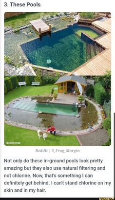 an aerial view of a swimming pool in the middle of two pictures, one is empty