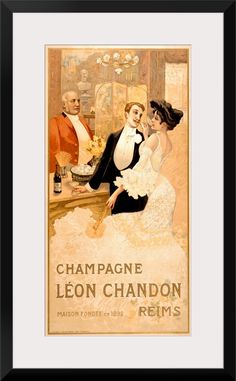 an old fashion advertisement for champagne featuring two women in formal dress and man in tuxedo