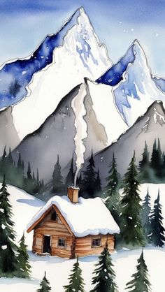 a watercolor painting of a cabin in the mountains with snow on the roof and evergreen trees