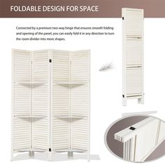 the folding room divider is white with shutters on each side and shelves below