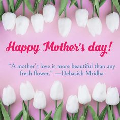 a mothers day card with white tulips on a pink background