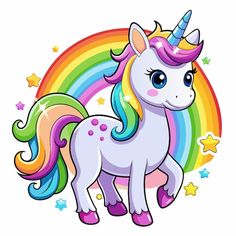 a cartoon unicorn standing in front of a rainbow with stars on it's side