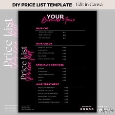 Hair Pricing Template, Editable Hairstylist Price List Template, DIY Small Business Pricing Guide Sheet, Hair Nail Price Pink Canva Template ⭐️ WELCOME TO AHJIN HUB ⭐️ We are your source and destination of all things template ideas. Keep Your Business Organized with this Minimal and Neutral flyer template that is perfect for your social media. This Price template is perfect for small businesses such as beauty salons, nail salons, hair or spa businesses. The template is easy to customize and will Pre Book Hair Appointments, Hair Services Price List, Hair Price List Ideas, Hairstylist Price List, Price List Ideas, Pink Price List, Hair Price List, Diy Small Business, Business Pricing