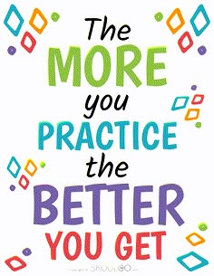 the more you practice the better you get quote on white background with colorful letters and dots