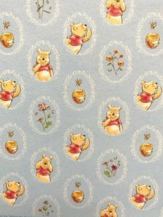 winnie the pooh bear wallpaper with flowers and potted plants on blue background