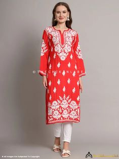 Red Sanaya Modal Chikankari Straight Kurti