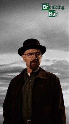 a man wearing a hat and glasses standing in front of a cloudy sky with the words breaking bad on it