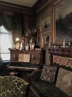 a living room filled with furniture next to a painting on the wall above a piano