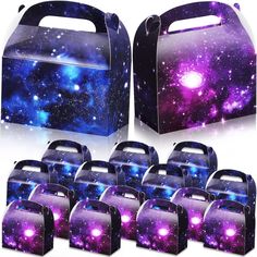 six purple and blue galaxy lunch boxes with matching handles, 6x5x4