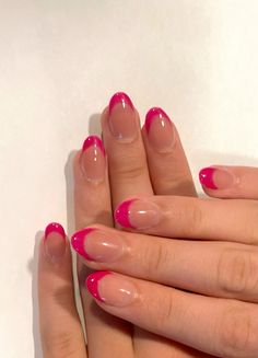 Cute Nails At Home Simple, Hot Pink Nails Glitter Tips, Gel Nail Ideas French Tips, Fuschia Nails French Tip, Shellac With Tips, Cute Hot Pink French Tip Nails, Pink French Tip Nails Hot Pink, French With Color Nails, Homecoming Nails Hot Pink