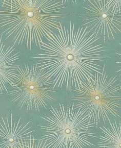 a green and gold wallpaper with large stars on the top, in various sizes