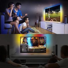 two people sitting in front of a flat screen tv playing baseball on the television set