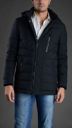 Herno Quilted down jacket with removable hood, four pockets, buttoned cuffs, zip fastening #Herno Mens Fashion Casual Outfits, Fashion Casual Outfits, Brand Collection, Luxury Clothing, Luxury Outfits, Mens Fashion Casual, Down Jacket