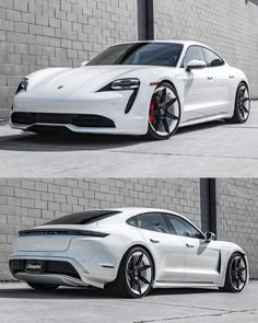 two different views of a white sports car parked in front of a brick wall, one showing