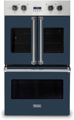 two ovens side by side, one with double doors and the other with dual burners