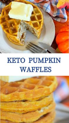 keto pumpkin waffles with butter on top and the words, keto pumpkin waffles