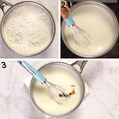 three pictures showing how to make the batter in a saucepan with whisk attachments