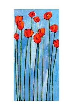 a painting of red poppies on a blue background with green stems in the foreground