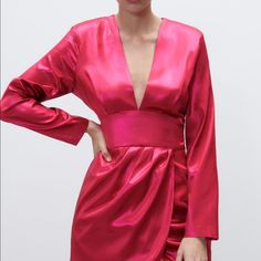 Fuchsia/Pink / 9665/757 V Neck Long Sleeves Wrap Front With Ruching Side Hidden Inseam Zip Closure 100% Polyester Comes From A Smoke Free Environment. Chic Fitted Rose Red Dress, Pink V-neck Mini Dress For Evening, Chic Rose Red Party Dress, Zara Pink Mini Dress For Cocktail, Chic Pink Mini Dress By Zara, Zara Pink Party Dress, Zara Pink Mini Dress For Date Night, Zara Pink Dresses For Night Out, Zara Pink V-neck Mini Dress