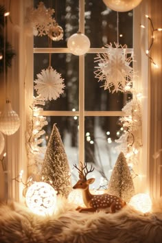 a window sill decorated with christmas decorations and lights