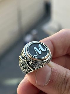 Men Silver Initial Letter Men Rings , Ottoman Style Ring , Signet Man Ring , Monogram Ring , 925k Silver , Christmas Gifts For Men ★Item Details * Gender : Male / Female * Material : 925K Sterling Silver * Total weight :  17  Grams ✔ Ready to Ship in 1-2 Business Days .. ✔ Shipped to the Worldwide 1-5 business days with free shipping... ✔ The product will be sent to you with a handmade wooden box to avoid any damage during shipping... ✔ Visit our store, browse other Men's jewelry, silver and gol Rings For Engagement, Silver Initial Ring, Pinky Rings, M Monogram, Jewel Design, Man Ring, Ottoman Styling, Signet Ring Men, Men Rings