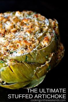 giant stuffed artichoke on black background Fresh Artichoke, Stuffed Veggies, Tasty Appetizers, 2b Mindset, Italian Salad, Veggie Dishes