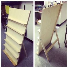 two pictures of an easel in the process of being built and then finished with plywood