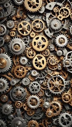 many different gears and wheels are arranged in the shape of a large clockwork wall