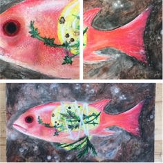 three paintings of fish with different colors and sizes